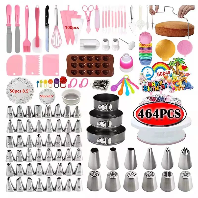 

464pcs Wholesale Cake Decorating Supplies Kit Cake Pan Turntable Stand Piping Tips Set Pastry Kit for Baking DIY