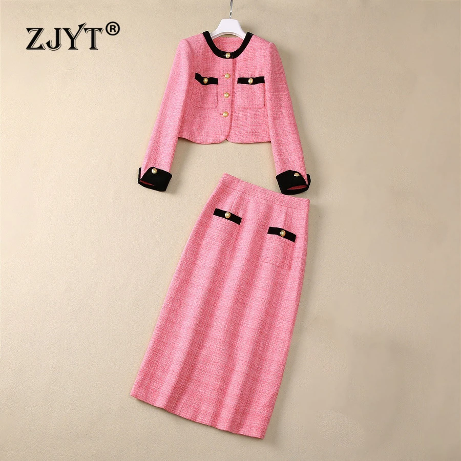 ZJYT Autumn Winter Tweed Woolen Jacket Suit with Skirt Two Pieces Womens Outfit Pink Elegant Long Sleeve Party Dress Sets Female