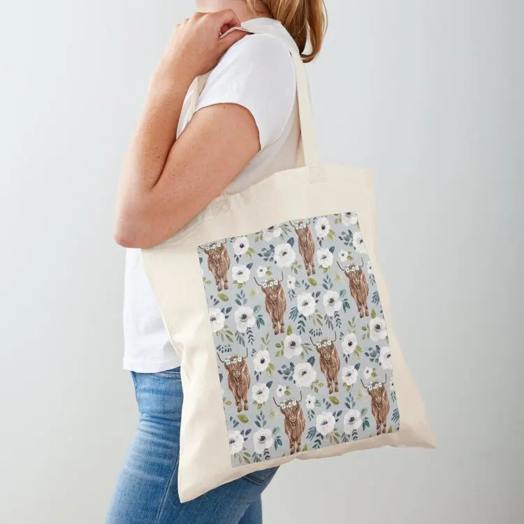 

Highland Cow with Flowers, Blue, Floral Crown, Cow Painting, Farmhouse Decor Tote Bag tote bag men canvas bags