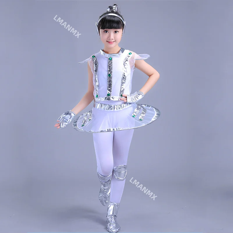 Disfraz de Robot para niños, Ropa de baile Unisex, color blanco y plateado, astronauta, actuación, escenario espacial, espectáculo de tiempo