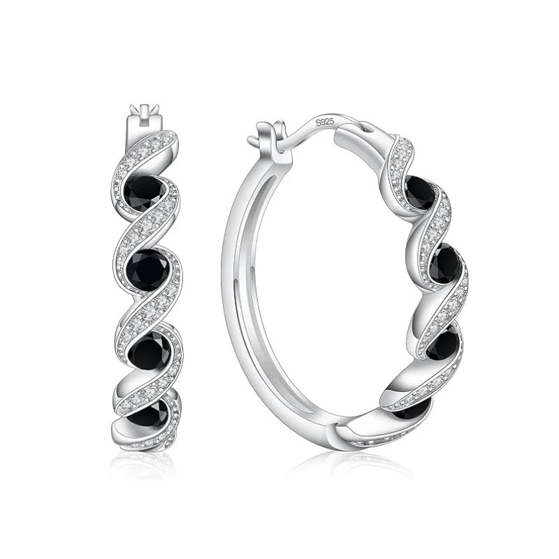 Black Awn Classic Silver Color Round Black Trendy Spinel Engagement Hoop Earrings for Women Jewelry Bijoux I299