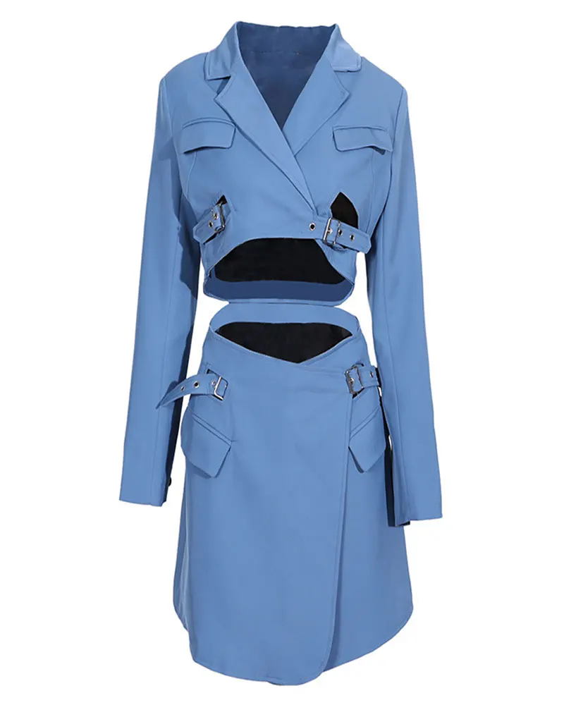 

Women Blue Cross Buckle Hollow Out Blazer Dress New Lapel Long Sleeve Loose Fit Fashion Tide Spring Autumn 2022