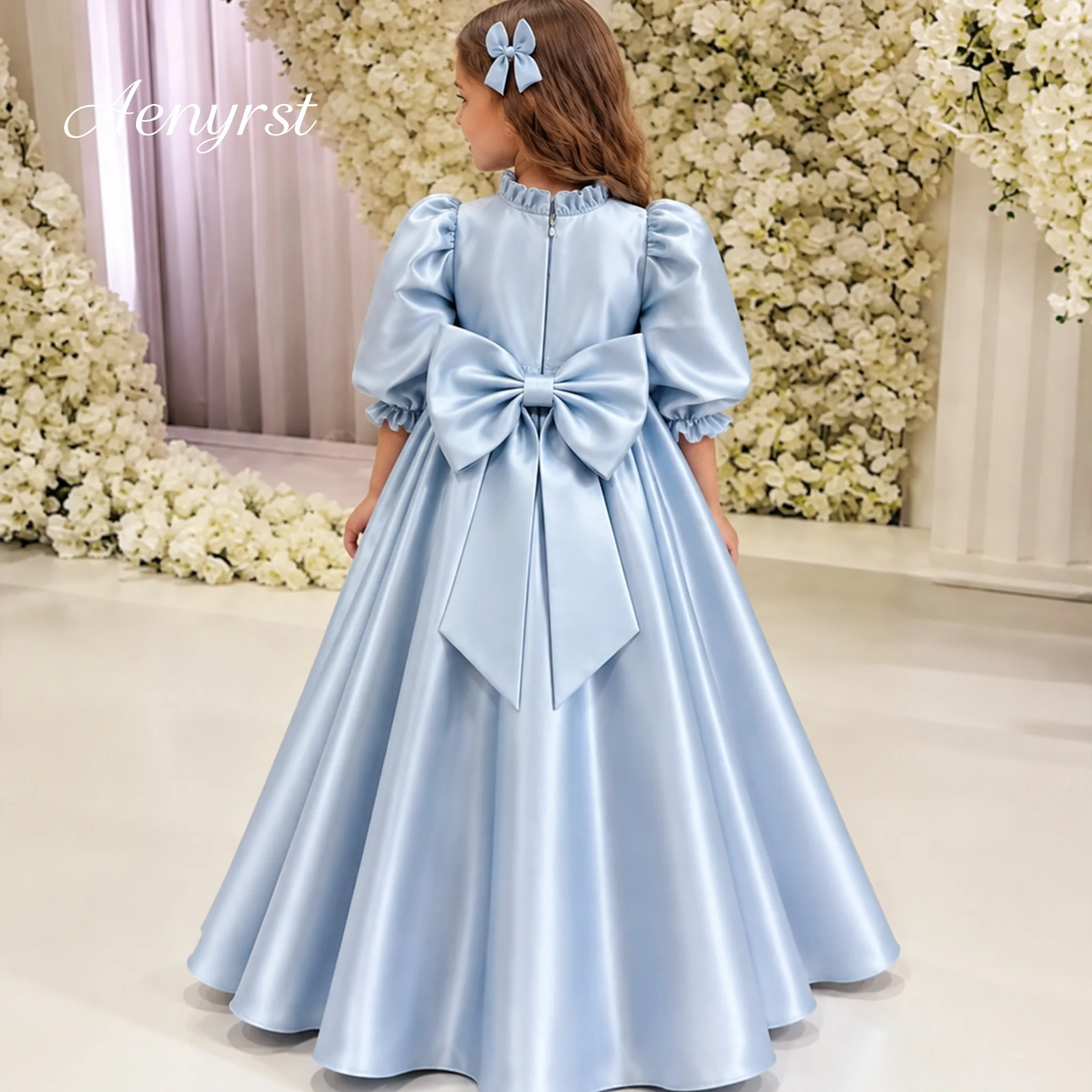 Girls Baby Blue Ruffle Collar Puff Sleeve Satin Long Flower Girl Dress Kids Wedding Party Formal Dress
