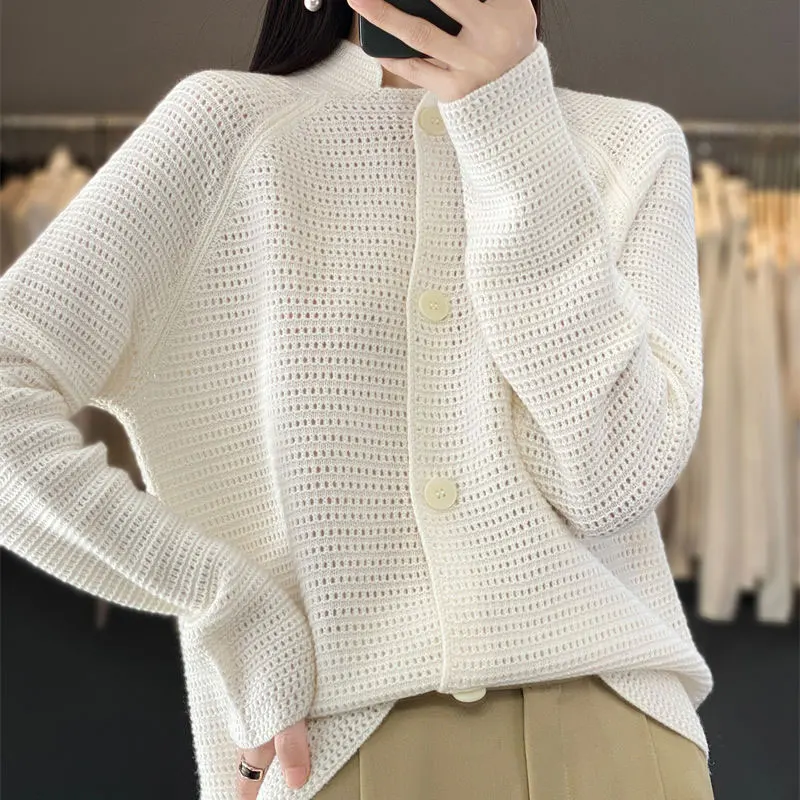 Female Clothing Stand Collar Cardigan Spring Autumn Casual Single-breasted Basic Solid Color Stylish Hollow Out Knitted Sweaters