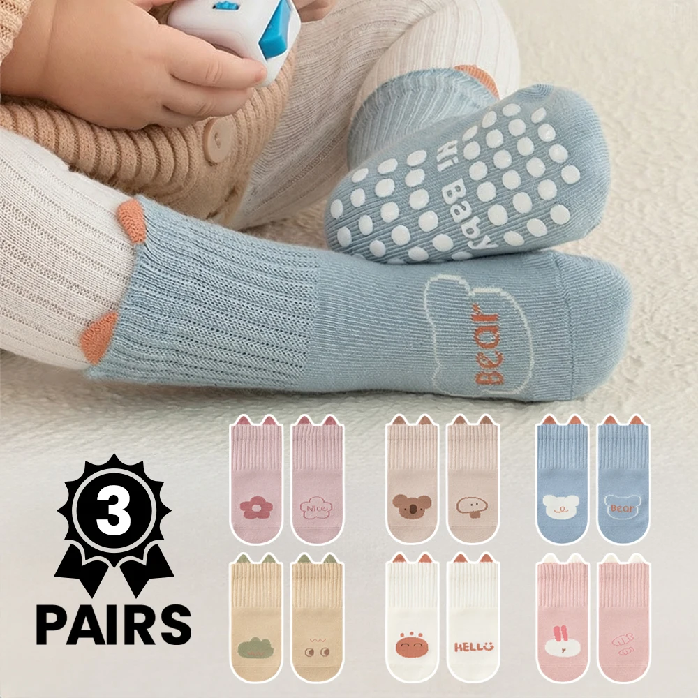 3 Pairs Animal Silicone Anti-Slip Socks for Infants & Toddlers Walking Home Wear All Seasons Cozy Non-Slip Footwear