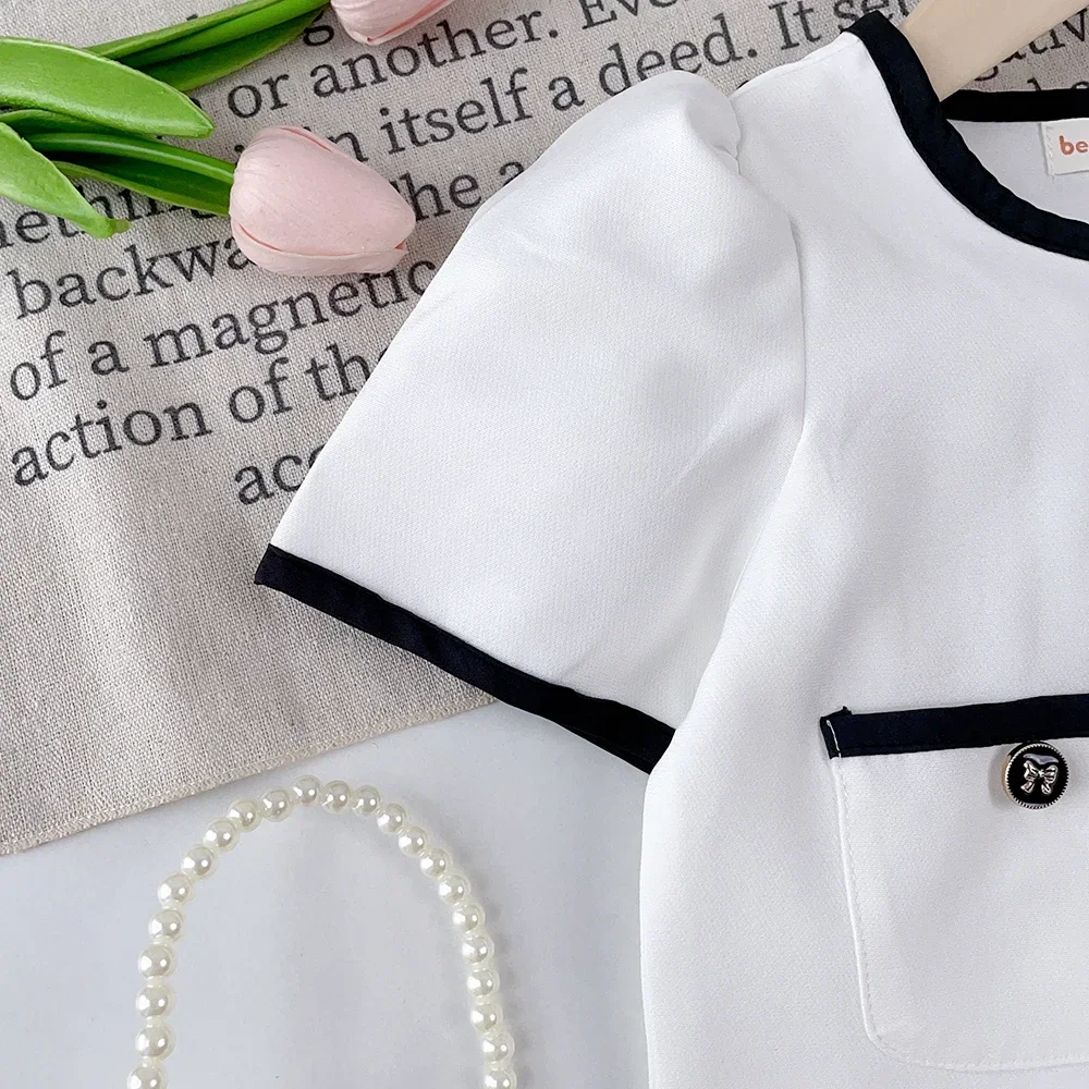 صيف جديد 3-7 سنوات الفتيات أزياء الزي قصيرة الأكمام واحدة الصدر أعلى مطوي تنورة 2 قطعة مجموعة الأطفال ملابس كاجوال #3