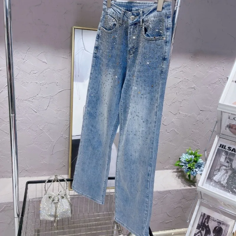Spring Elastic Starry Sky Hot Drilling Jeans Bright Diamonds Soft Denim Trousers Beading Wide Legs Straight Cowboy Pants