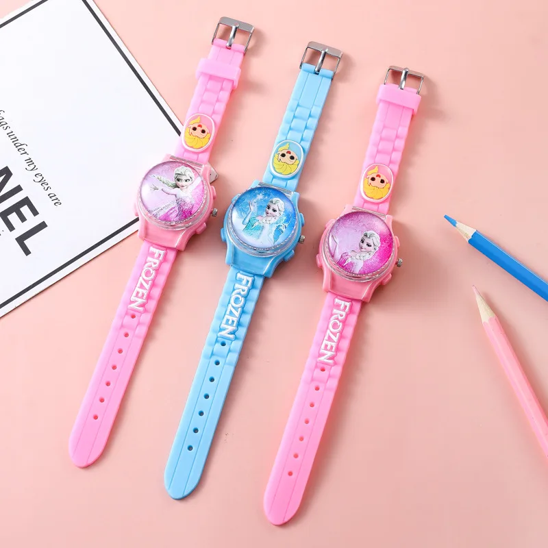 Montre à quartz avec bracelet en silicone pour enfants, montre princesse Disney Elsa pour filles, montre à rabat congelée pour écoliers, horloge cadeau