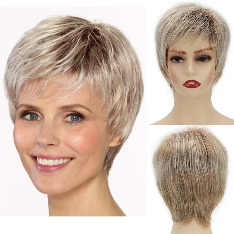 

Cute Mommy Wigs Soft Synthetic Pixie Cut Heat Resistant Short Blonde Ombre Hair with Bangs Costume Party Wig for Women