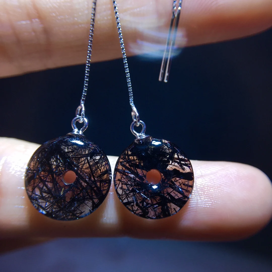 

Серьги из натурального черного рутилированного кварца для женщин и мужчин, модные женские серьги из стерлингового серебра 13,5/3,6 мм AAAAA