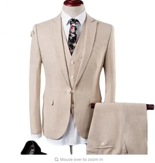 

2024 High Quality Costume Homme Summer Causal Beige Linen Suit Beach Wedding Suits for Men Groom Blazer Slim Fit Skinny 3 Piece