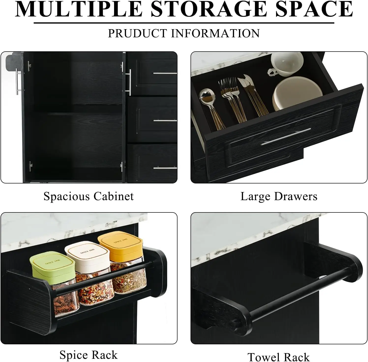 WINNER Rolling Kitchen Island with Storage and Drop Leaf, White Marble Tabletop, 43" Kitchen Carts on Wheels with Towel R