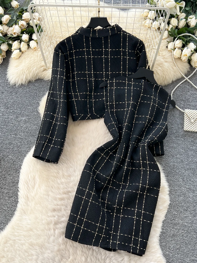 Ele Plaid Woolen Dr Women's Autumn Winter Slimming Svel Long Sve ort Coat High Waist Faion Set Casual Wor...