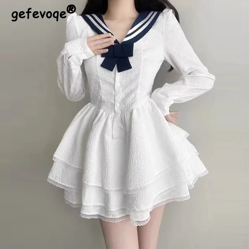 Women Stylish Sweet Preppy Style Sailor Collar Bow Fairy Mini Dress Y2K Lace Patchwork High Waist Long Sleeve Slim White Dresses