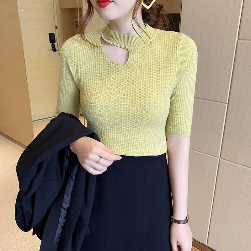 2024 Women\'s Spring Autumn New Solid Bright Silk Fashion Commute Round Neck Beading Hollow Out Half Sleeve Sweater Knitted Tops