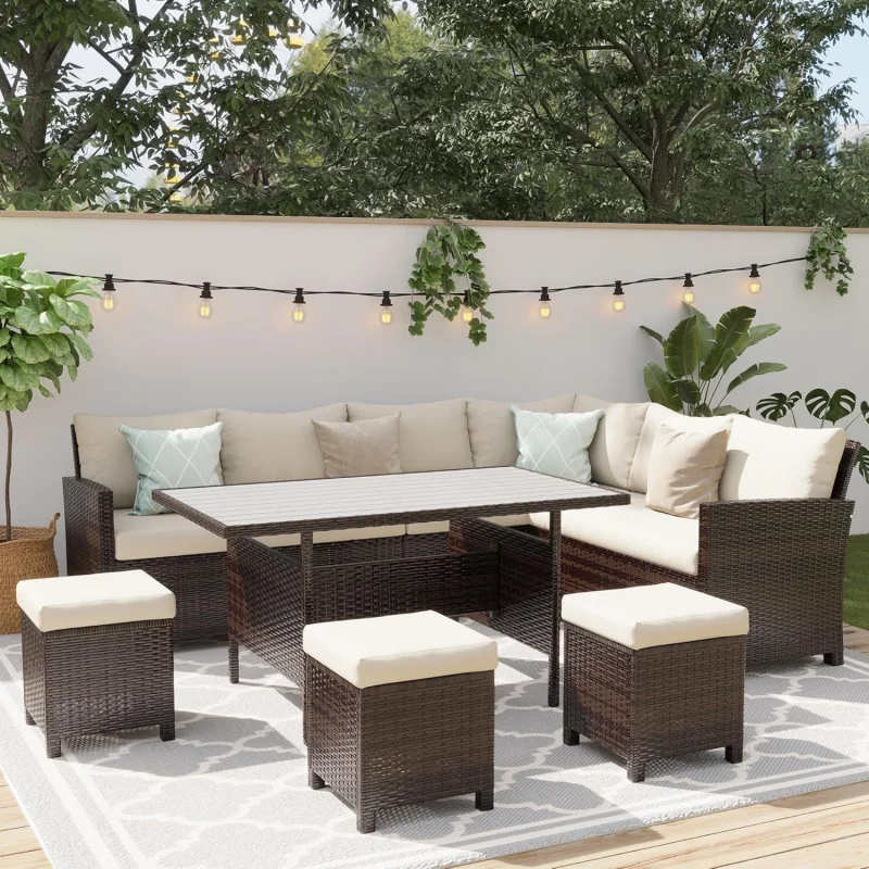 

-Piece Brown Wicker Patio Set, High Curved Back Sectional & Ottoman, All-Weather-Resistant Outdoor Conversation Dining