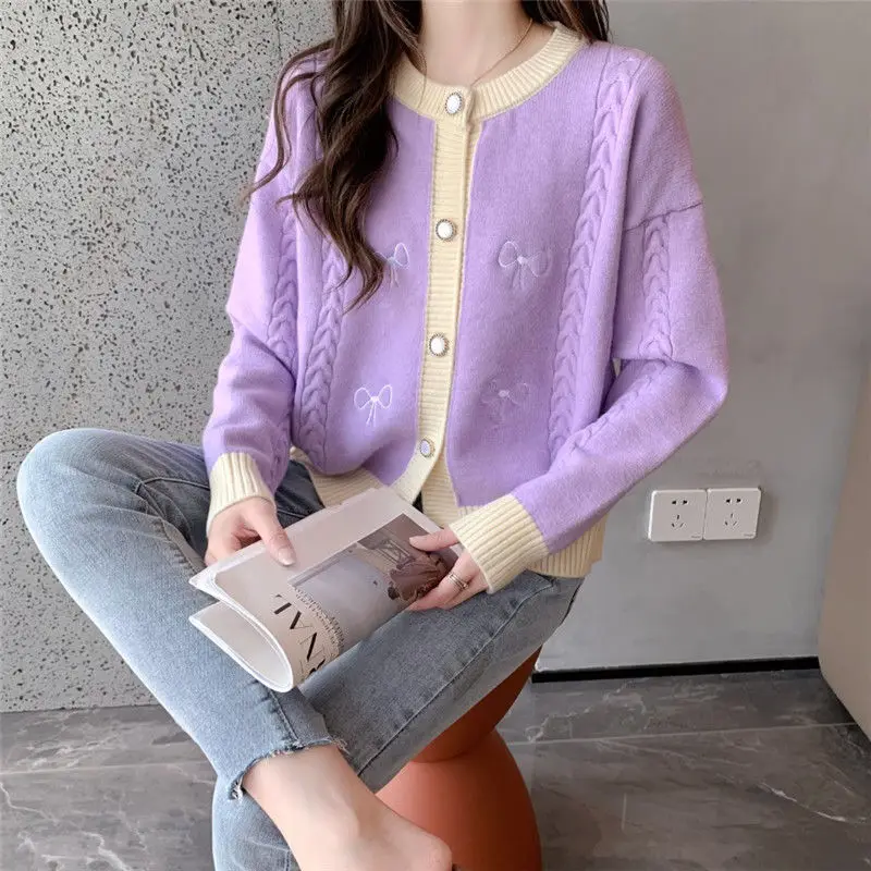 Women Autumn Winter Fashion Loose Bow O-neck Long Sleeve Knitwear Women Clothes Simplicity All-match Knitting Cardigan Coat Tops