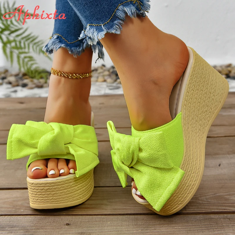 Aphixta Super High Heels Outside Slippers Women Sweet Butterfly Knot Mulers 4cm Platform Sandals Fluorescent Slides Plus Size 43