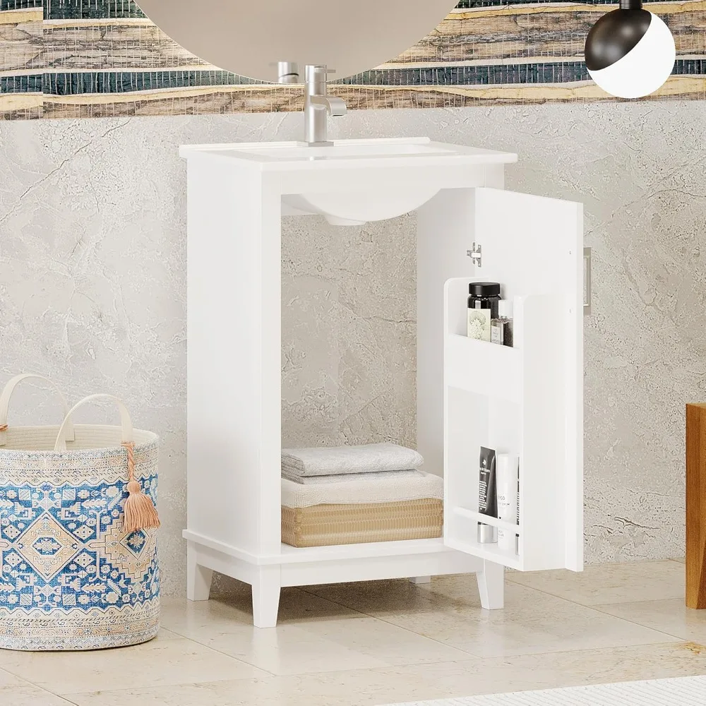 mobiletto singolo compatto e moderno da 20 pollici in legno con lavabo e anta portaoggetti per piccoli bagni