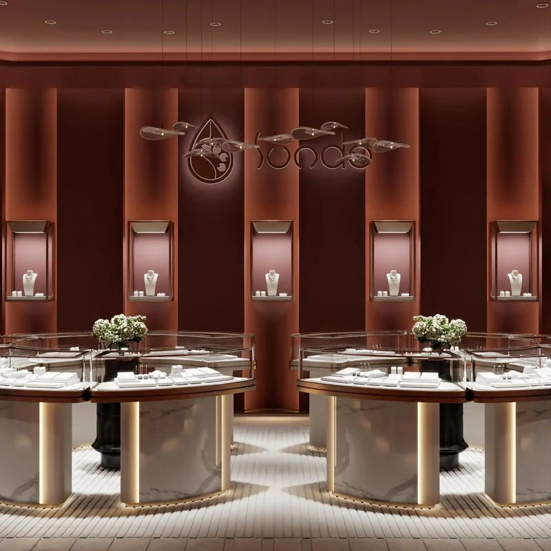 custom.3D Rendering Jewelry Showcase Design Gold Jewellery Shop Interior Decoration Modern Jewelry Display Cabinet with Layout D