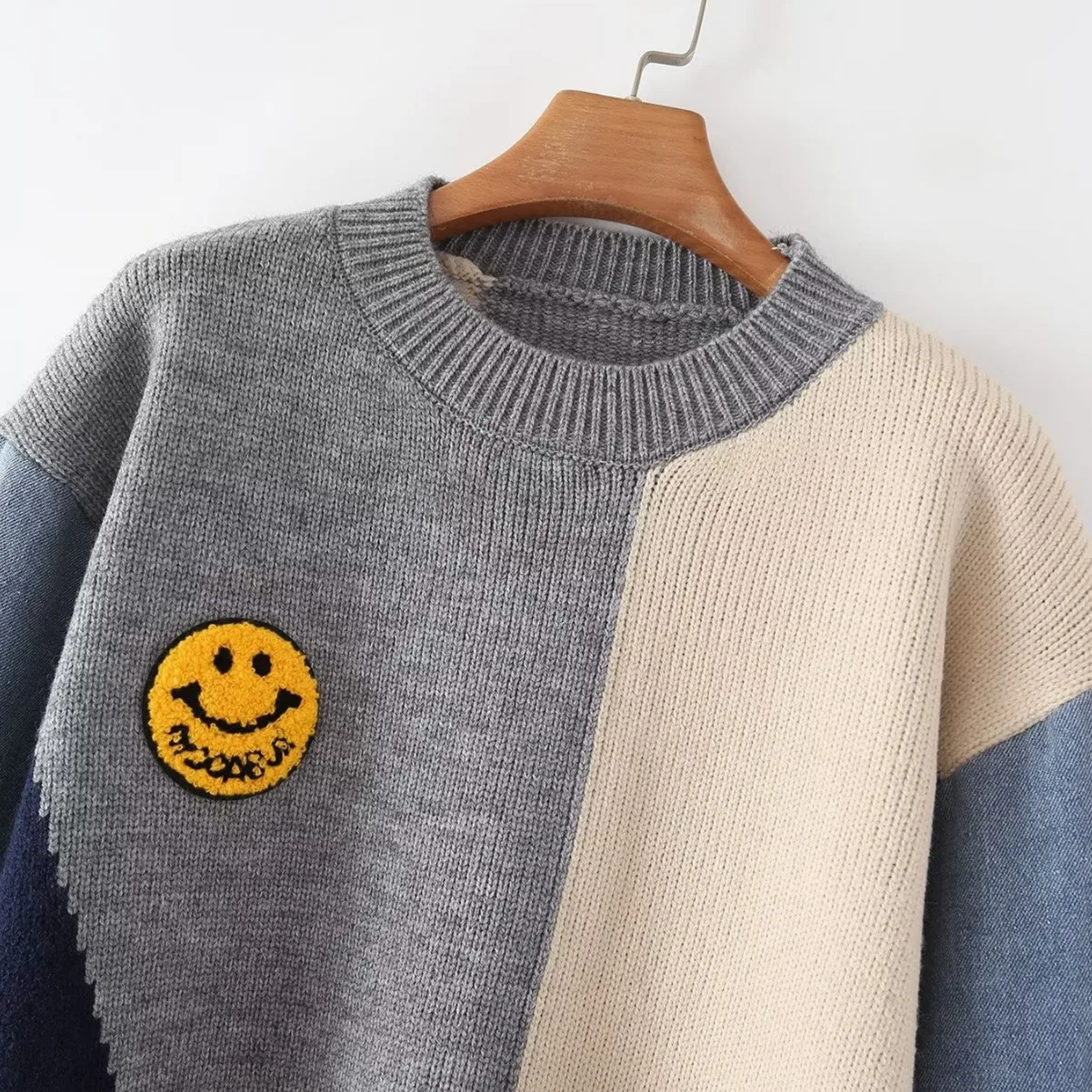 2023 Autumn/Winter New Loose Denim Panel Contrast Smiling Face Round Neck Long Sleeve Sweater Pullover