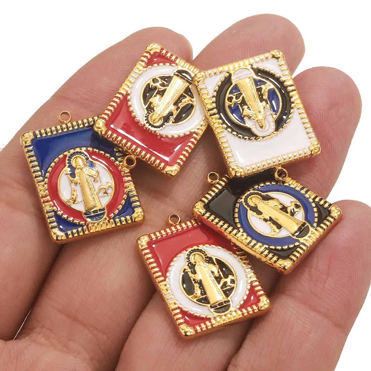 

5pcs Stainless Steel Gold-Plated Black Enamel Square Charm Virgin Mary DIY Necklace Earring Jewelry Making Accessories Wholesale