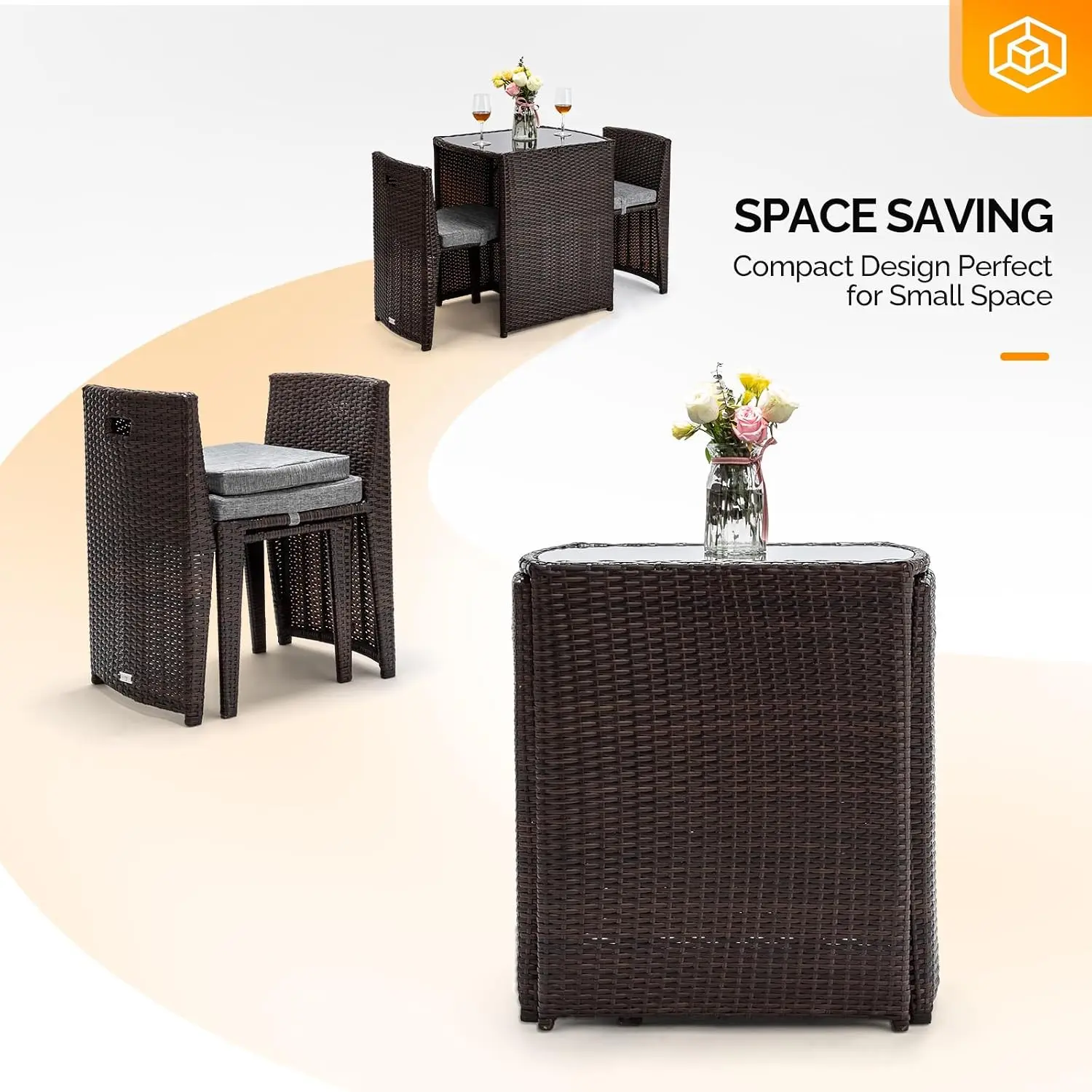 Outdoor Patio Bistro Set, Wicker Furniture Table And Chairs Set For Small Space Garden Porch Yard Balcony, With Glass Top Coffee Table, Modern Style, Brown, 3 Piece Set