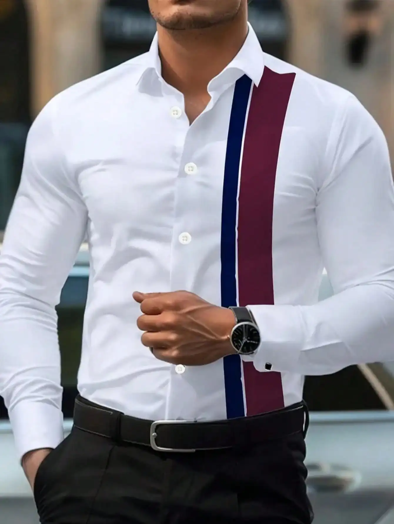 

Men's Long Sleeve Button-Front Casual Shirt with Vertical Stripe Panel Design