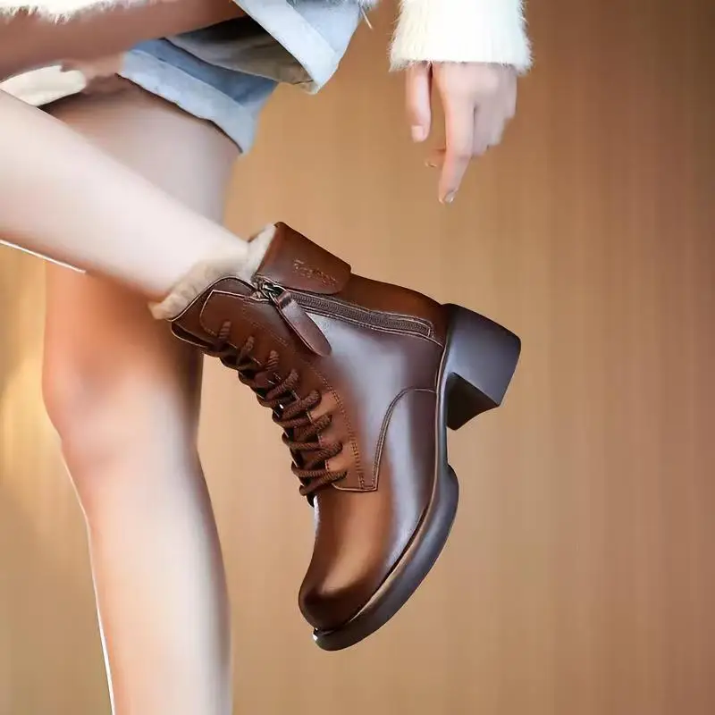 

Faionable Retro Fce Lined Chunky Heel Boots Women's oes Dr We Good Goods ort Tube Winter Boots round Toe