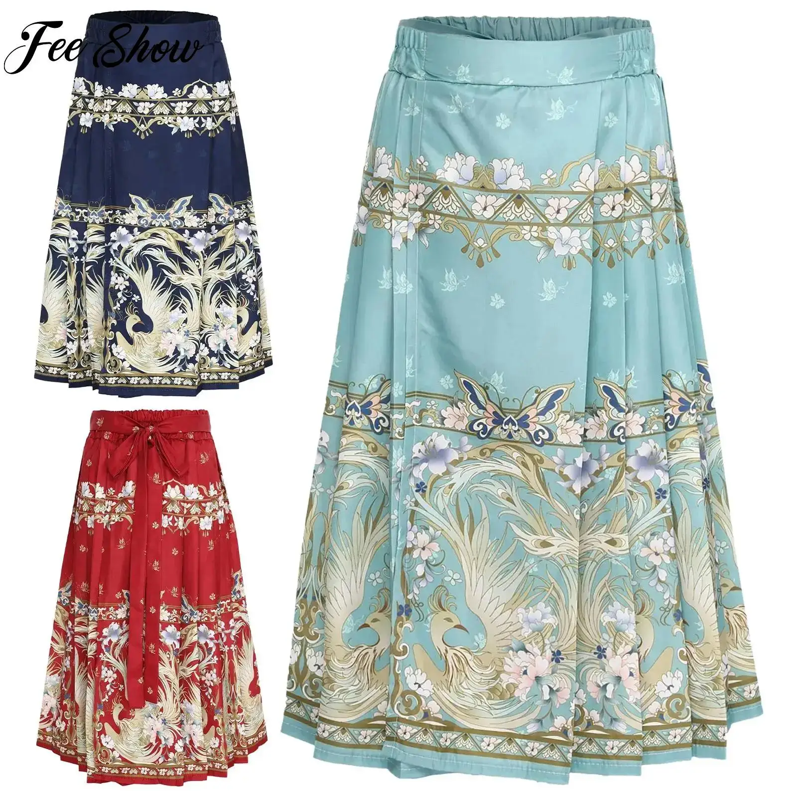 

Children's Chinese Mamianqun Skirt Stage Cosplay Costume Flower Phoenix Print Hanfu Skirt Chinese Traditional Pleated Maxi Skirt