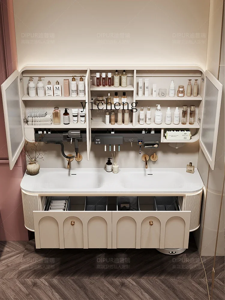 

Integrated Double Basin Bathroom Cabinet Cream Style Washstand Hand Washbasin Large Apartment Villa