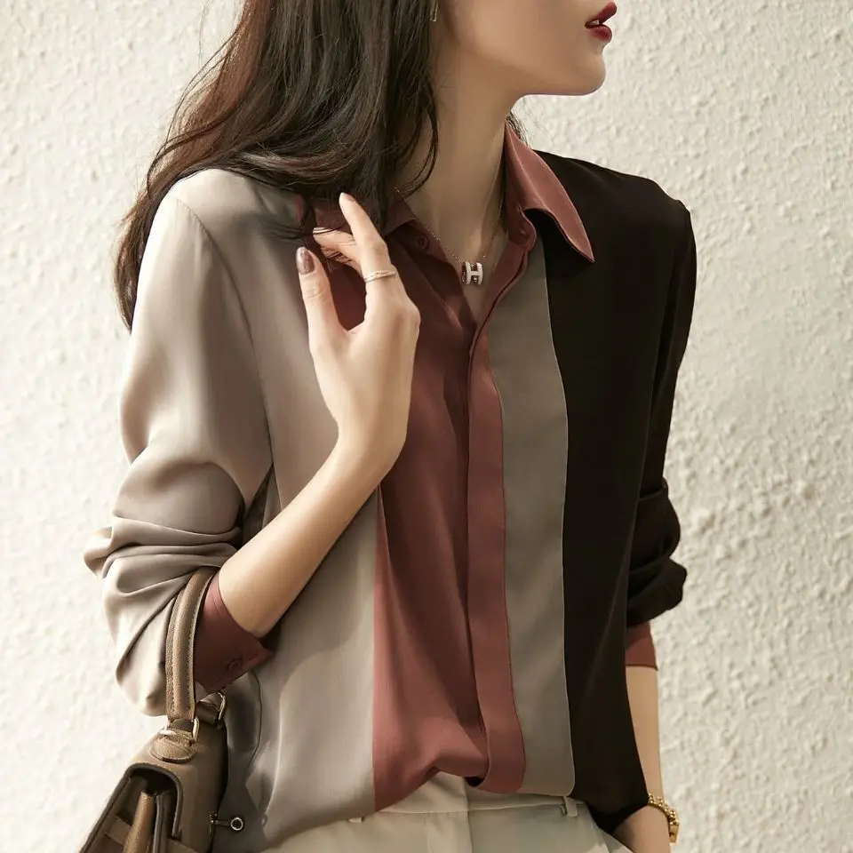 Fashion Patchwork Striped Chiffon Women Shirt 2023 Spring New Office Lady Casual Commuter Lapel Long Sleeve Button Blouse Female