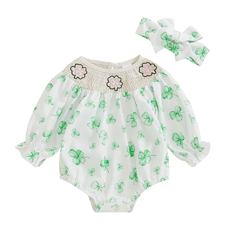 

Baby Girl Irish Football Clothes Clover Rugby Shirred Ruffle Long Sleeve Romper Tie Headband 2 Pcs Set