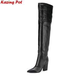 Krazing Pot Plus Size 33-46 Cow Leather Chunky High Heels Long Boots Winter Warm Shoes Retro Concise Women Over-the-knee Boots