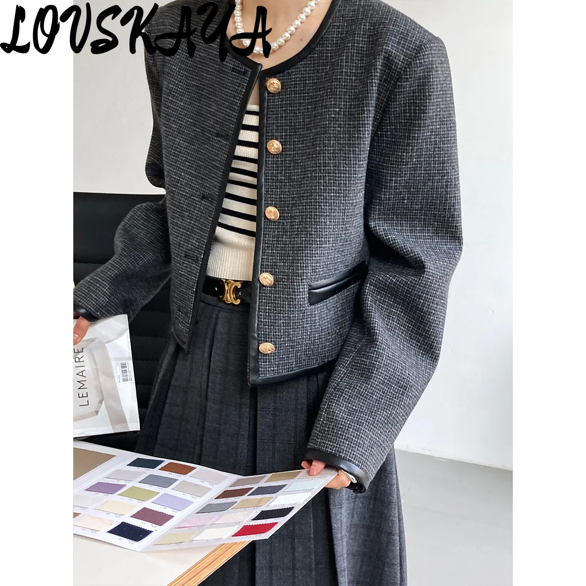 Retro Thousand Bird Checker Top French Small Fragrant Coat Women's New PU Leather Panel