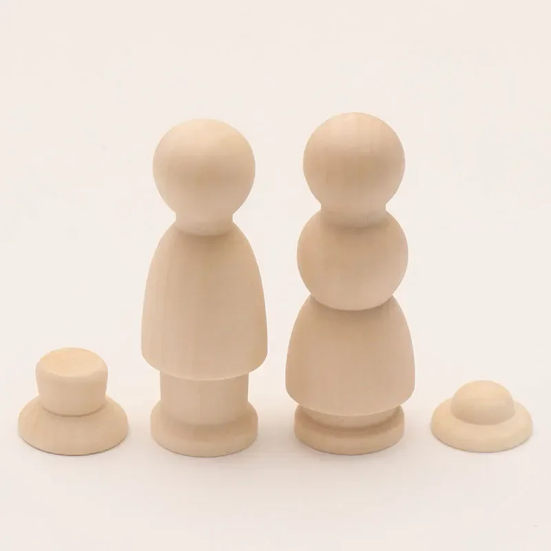 5pcs Unfinished Wooden Peg Doll and Hat Decorative Wooden Nail Dolls People Arts Crafts for DIY Painting Natural Wood Peg People