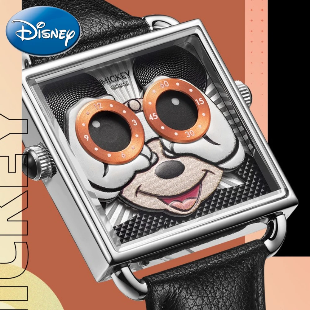 Disney Mickey Clown Personality Waterproof Square Watch Creative Needleless Unique Design Dial Quartz Gift Box Relogio Masculino