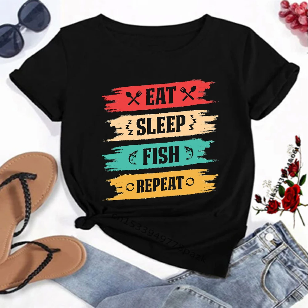 EAT SLEEP FISH REPEAT Graphic Mens Breathable Short Sleeve Tee Distressed Brush Stroke Fisher Slogan Print Fashion Male Outfit