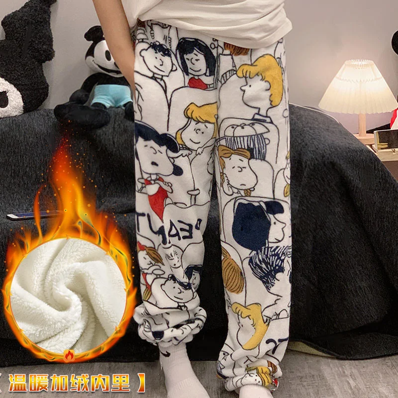 Große Größen Damen Snoopy Peanuts Cartoon Fleece Pyjamahose Winter Dicke Warme Coral-Velvet Loungewear Lose Hosen Homewear