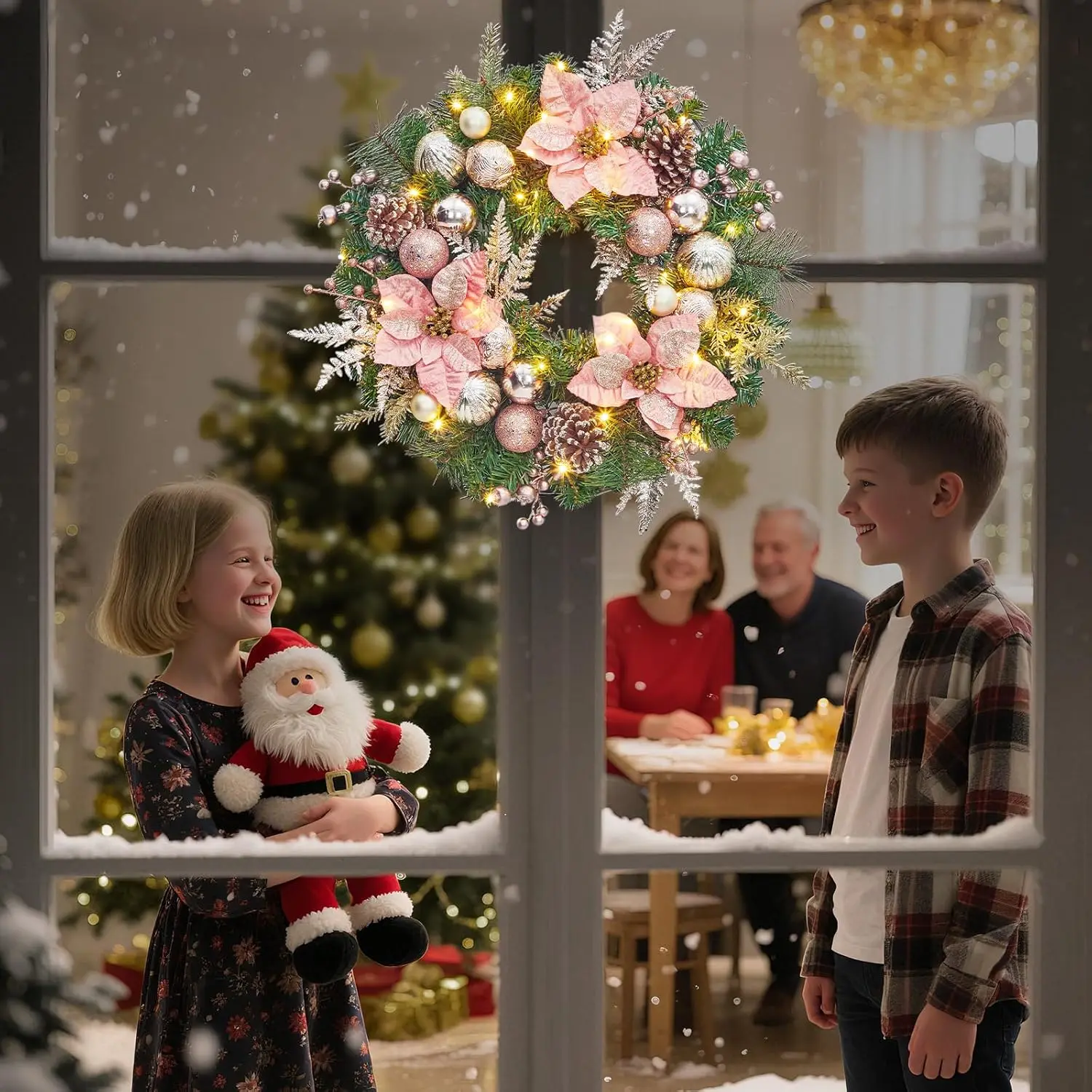 Garvee Christmas Wreaths for Front Door with Timer Rose Gold Ball Ornaments & Poinsettia Flowers, Fireplace Wall Window Holiday Decor, Indoor Outdoor