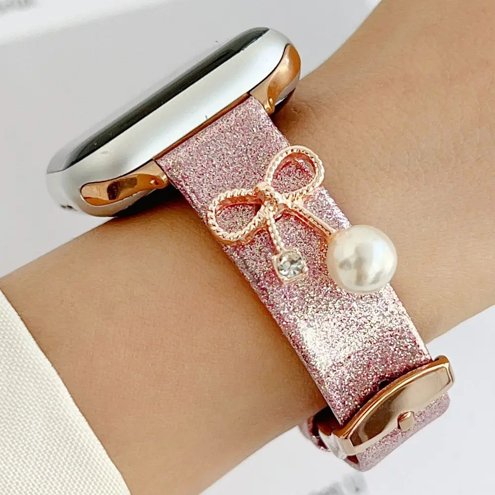 

Glitter Leather Watch Straps for Apple Watch 38 40 41 42 44 45 46 49mm Bling Watchband with Pearl for iwatch S11 10 9 8 7 6 3 SE