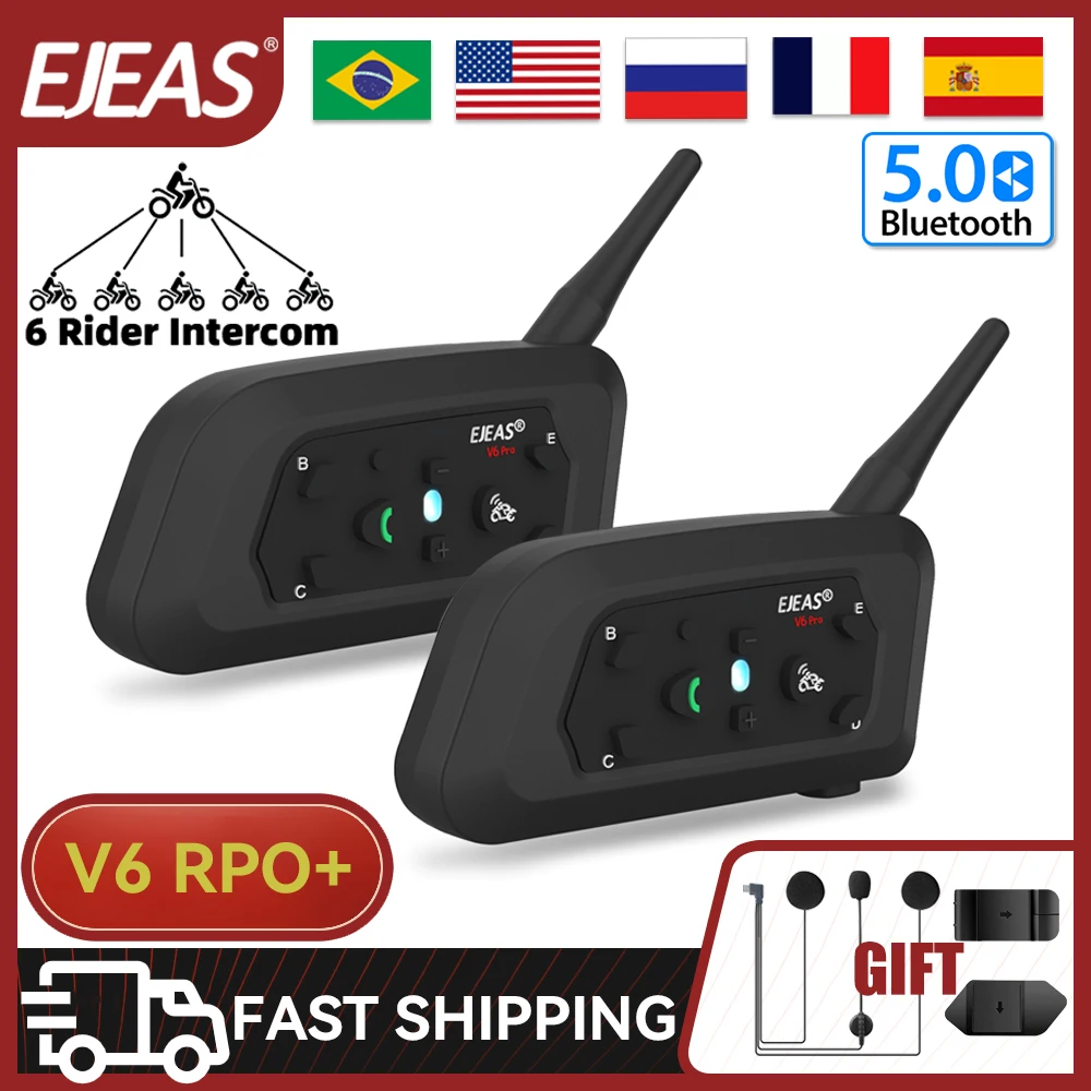 EJEAS V6 PRO + Waterproof Bluetooth Motorcycle Helmet Headset Communication Walkie-talkie Long Standby for 6 People Riding Call