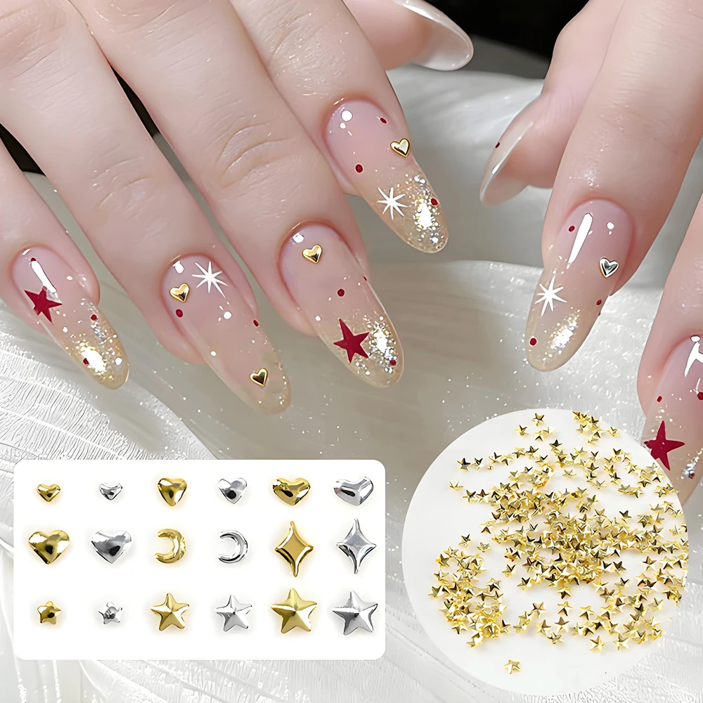 

500PCS 3D Metal Moon Star Heart Nail Art Rivet Accessories Starlight Parts For Punk Nails Decoration Manicure Supplies Material
