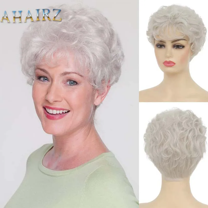 

Synthetic White Wigs for Women Lady Short Curly Wig with Fluffy Bangs Heat Resistant Daily Party Breathable Fake Hair