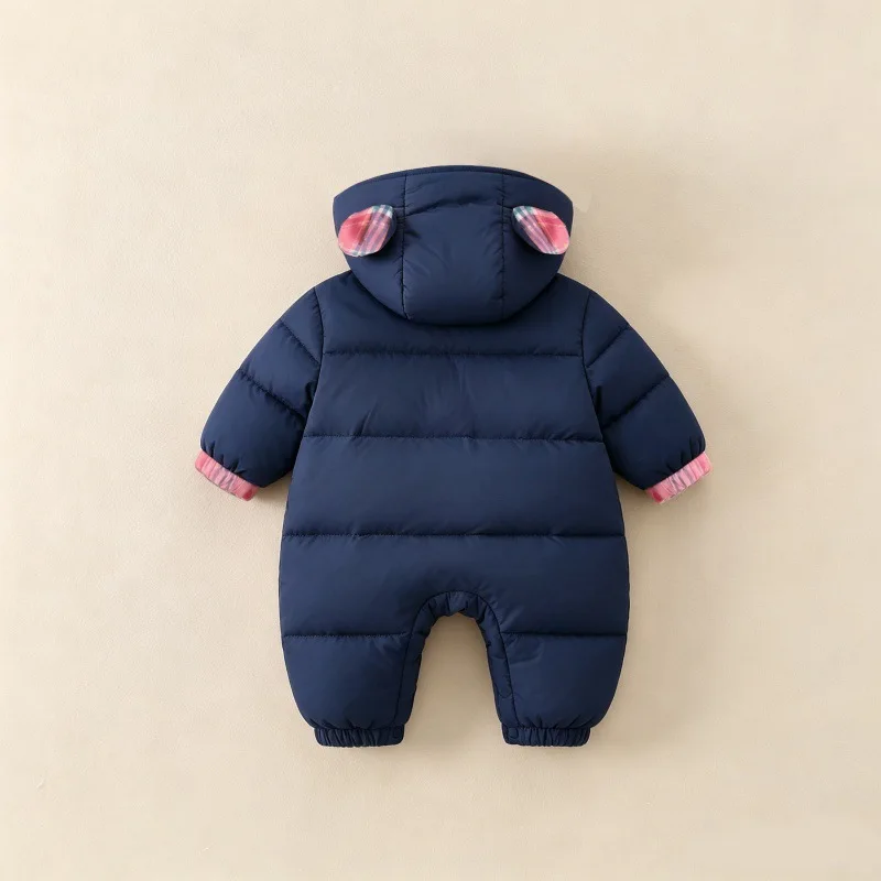 2026 Winter New A-class Navy Blue Patchwork Plaid Inner Thickened Cotton Hooded Jumpsuit for Children