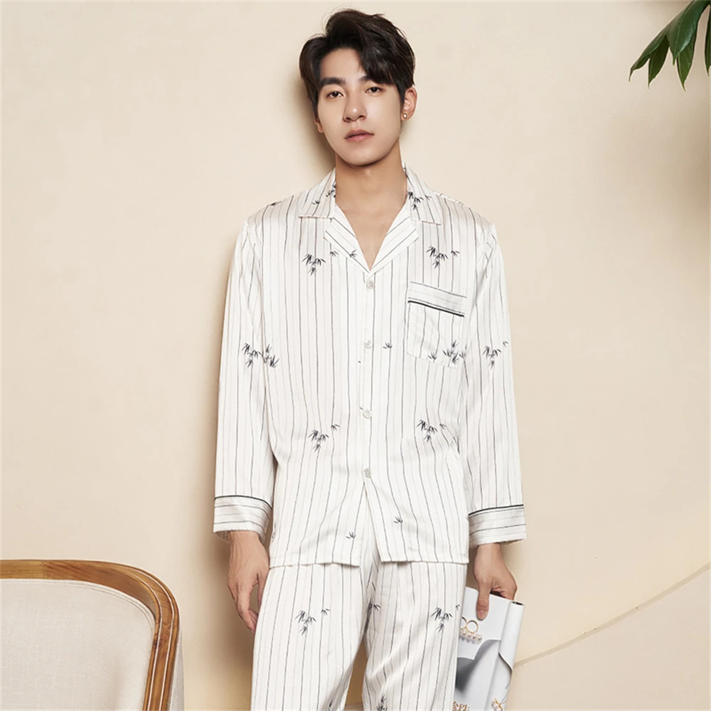 Men\'s Pajama Spring Summer Bamboo Printed White Ice Silk Long-sleeved Pants Sleepwear Set Breathable Casual Two-piece Loungewear