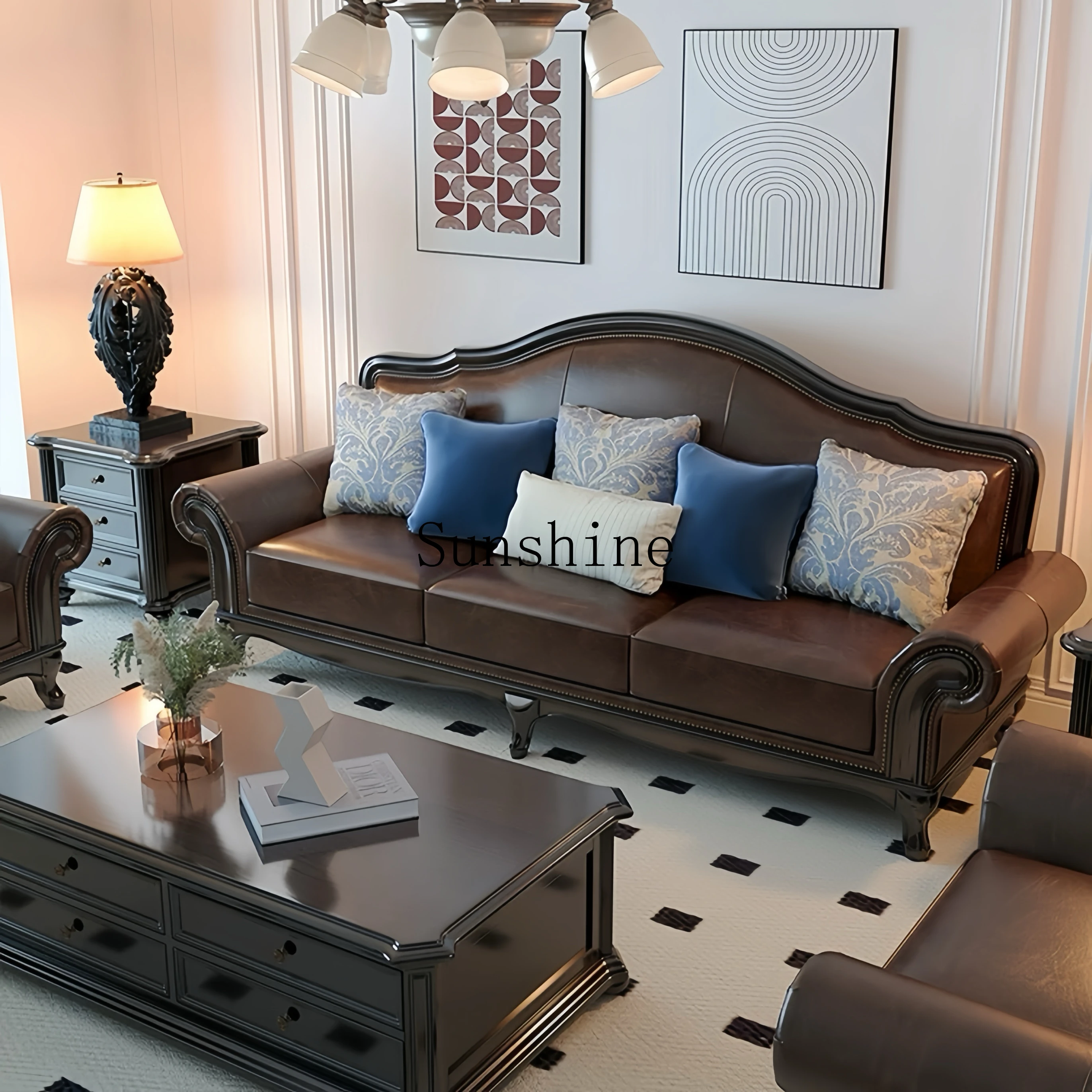 classic solid wood sofa combination living room small apartment first layer cowhide light luxury 1234 person combination