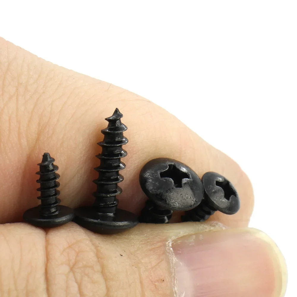 20/50/100pcs M2.6-M5 Black Carbon Steel Phillips Truss Head Self Tapping Screws Mushroom Head Wood Screws L:5-50mm