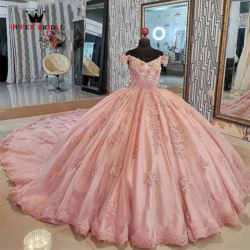 

Pink Quinceanera Dresses Modern V-Neck Off the Shoulder Ball Gown Masquerade Mexican vestidos de 15 quinceañera Custom Made LJ53