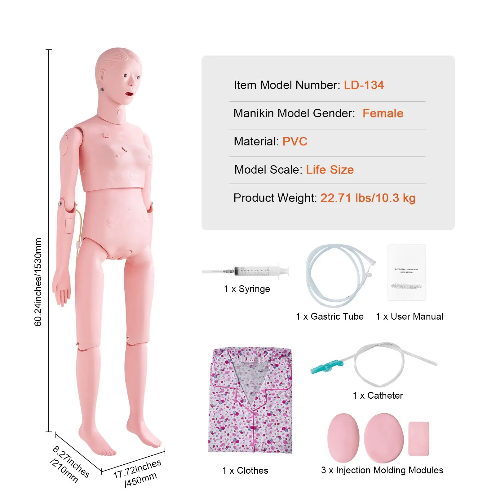 Nursing Training Manikin, Female Life Size Demonstration Human Manikin for Nursing Training, Multifunctional Education Teaching Model Supplies, PVC Anatomical Mannequin Body Care Simulator Model